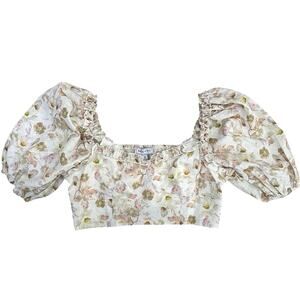 Sage+Fig Floral Puff Sleeve Crop Top Small Cottagecore Smocked Back Linen Blend